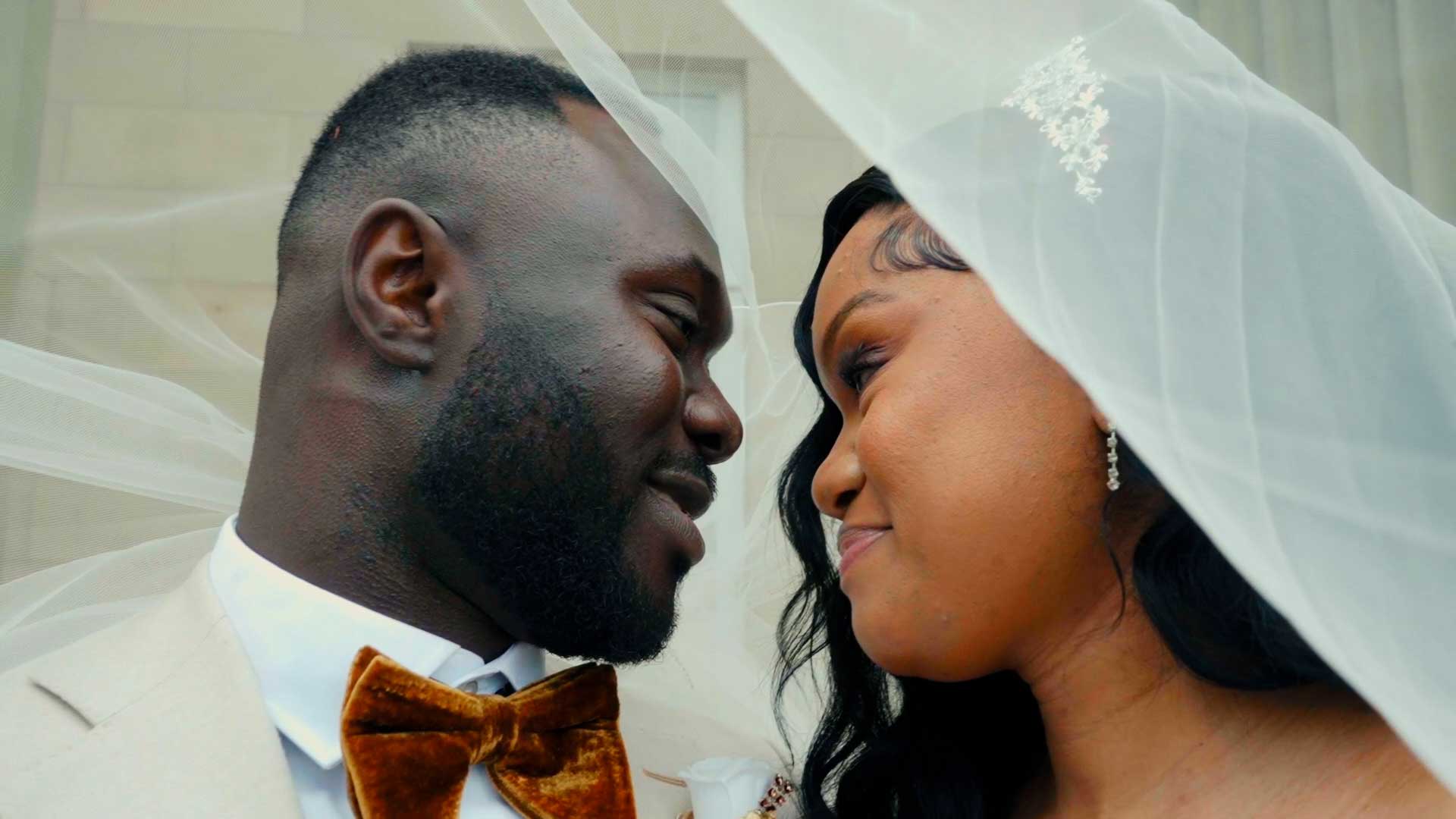 wedding bride and groom under veil